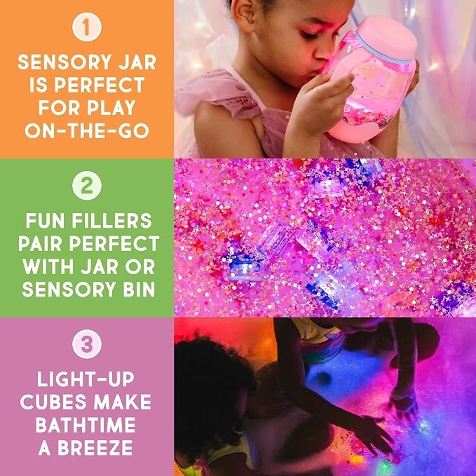 Glo Pals Play Pack Bundle, Jar, Light Up Cubes & Fillers, Abby Cadabby | Sesame Street Character Water-Activated Bath Toy Cubes Glow Pink and Purple, Light-Up Sensory Jar, Themed Fun Fillers