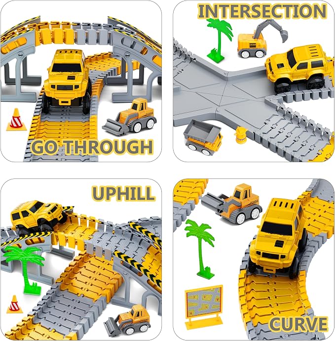 Kids Toys 253 PCS Construction Race Tracks, Create A Engineering Road Game | 5 PCS Construction Truck Cars, DIY Flexible Track Play Set, Birthday Xmas Gifts Toy for 3 4 5 6 7 8 Year Old Boys Girls