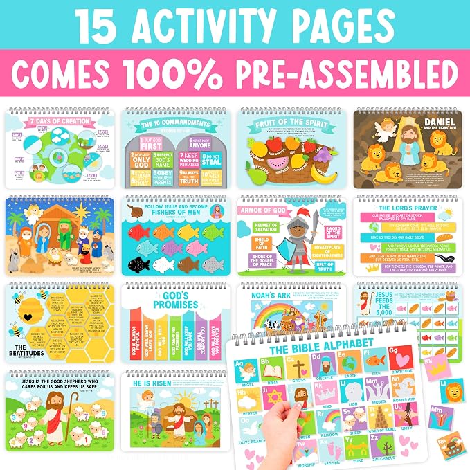 Hadley Designs My First Bible Busy Book Toddlers 3-5, Montessori Preschool Learning Activities Age 4-5, 152 Pcs Velcro Bible Activity Book, Church Quiet Activities for Kids, Noahs Ark Toys for Toddler