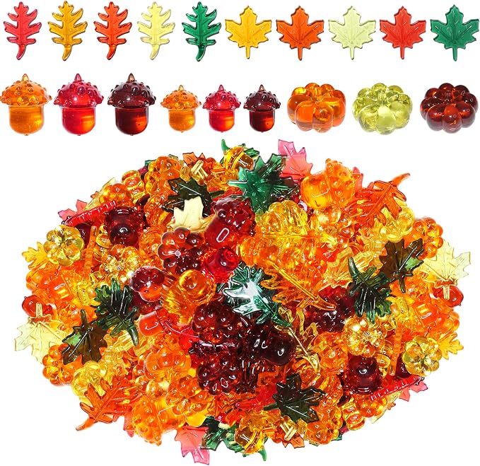 HADDIY Fall Vase Filler 165pcs Pumpkin Mini Leaves Gems Sensory Bin Fillers | autumn Acrylic Acorn for craft Thanksgiving Table Scatters,Centerpieces Table Decorations,Counting,bow and jar fillers