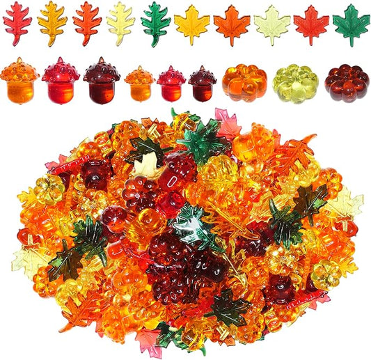 HADDIY Fall Vase Filler 165pcs Pumpkin Mini Leaves Gems Sensory Bin Fillers | autumn Acrylic Acorn for craft Thanksgiving Table Scatters,Centerpieces Table Decorations,Counting,bow and jar fillers