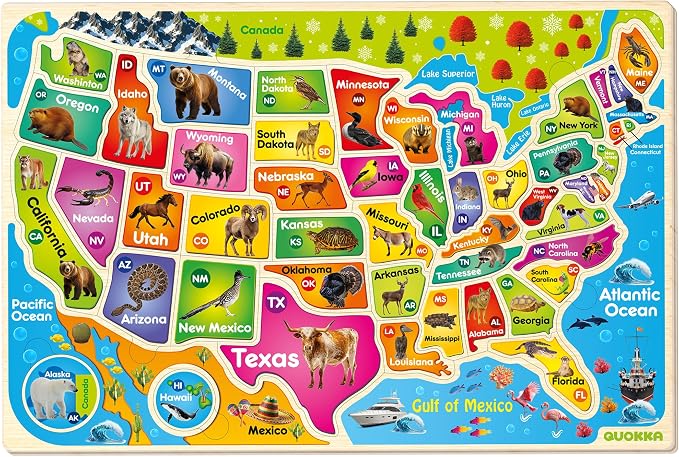 United States Puzzles for Kids Ages 4-6 - Wooden Toddlers Puzzles Ages 3-5 | USA Map Montessori Wood Educational Puzzles for Toddlers 2-4 - Realistic Geography Learning Kids Puzzles for Ages 6-8