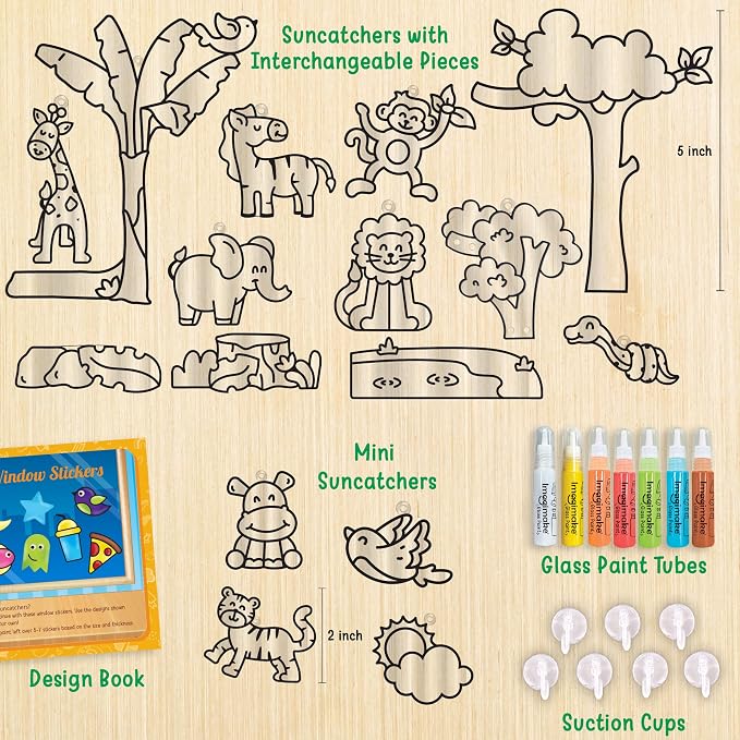 Imagimake Window Art - Jungle, DIY Mess-Free 16 Pieces Suncatcher Kit | Stained Glass Painting Craft Activity for Kids, Birthday Gift for Boys & Girls Ages 5,6,7,8,9,10,12 Years Old