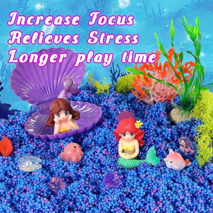Carolart Mermaid Sensory Bin for Girls, Mermaid Toys, Ocean Sensory Kit | storage bin activity set with sensory foam beasds, ocean sensory gifts for toddlers ages 3-8