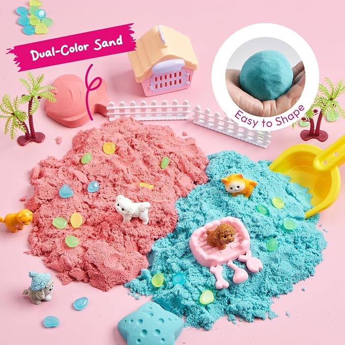 JOVA Klever Kits Cute Pet Sensory Bin for Kids with Glow in The Dark Stones, Sandbox with Lid Dual-Color Sand, Preschool Learning Activities Gifts for Boys Girls Age 3+