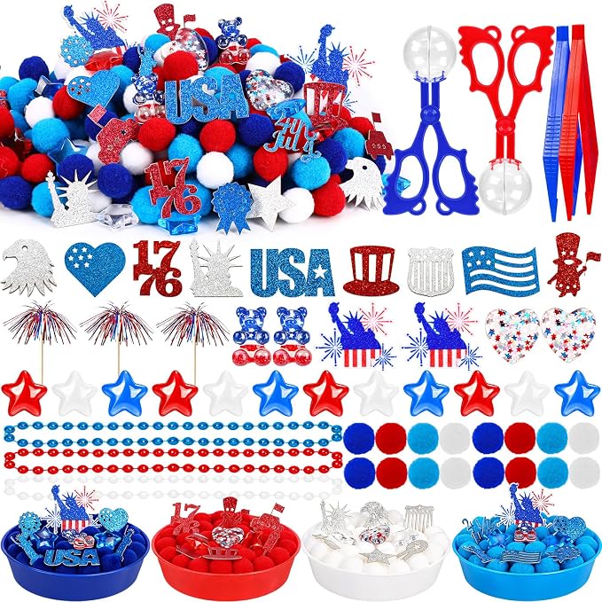 361Pcs Independence Day Sensory Bin Filler Independence Day Fine Motor Bin Item Includes Tweezers Scissor Pom Poms Stars Hearts Resin for 4th of July Counting Decor Motor Skills Development