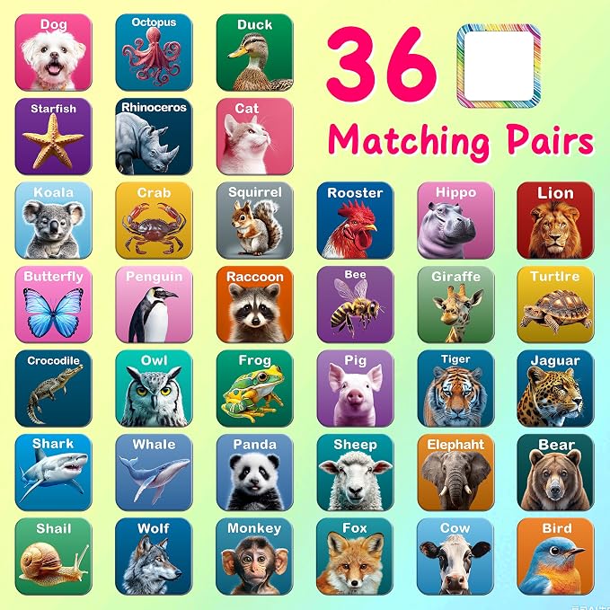 72 PCS Memory Matching Game, Real Animal Matching Cards for Toddlers 36 Pairs Memory Cards for Preschool 4 5 6 Years Old