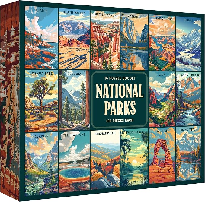 RoseArt - National Parks Jigsaw Puzzle Box Set - 16 Mini Puzzles, 100 Pieces Each - Colorful Puzzle Gift Set for Adults