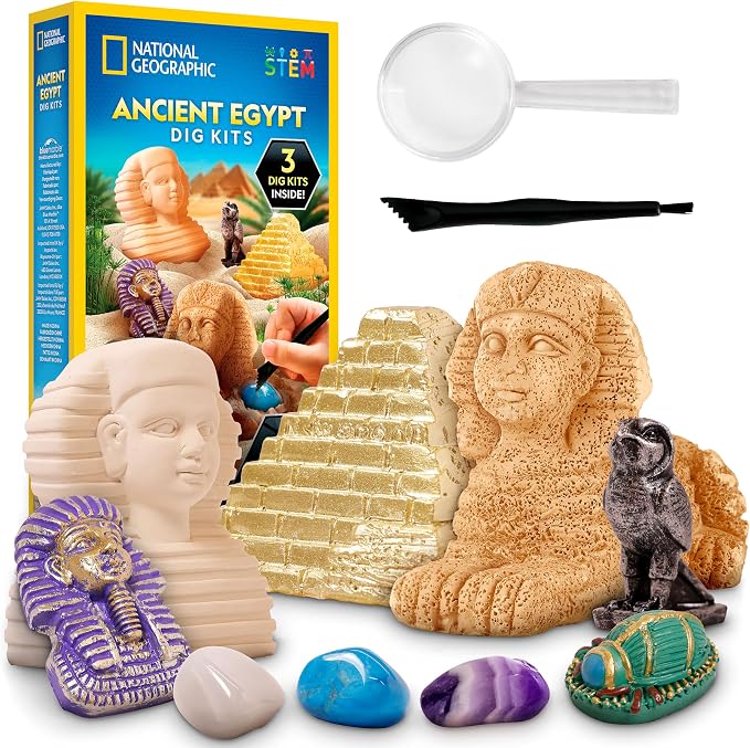 National Geographic Ancient Egypt Dig Kit with Gems and Replica Artifacts | Pyramid, Sphinx & Pharaoh Dig Bricks, Real Gemstones, Replica Artifacts, Excavation Tools, Archaeology Activity