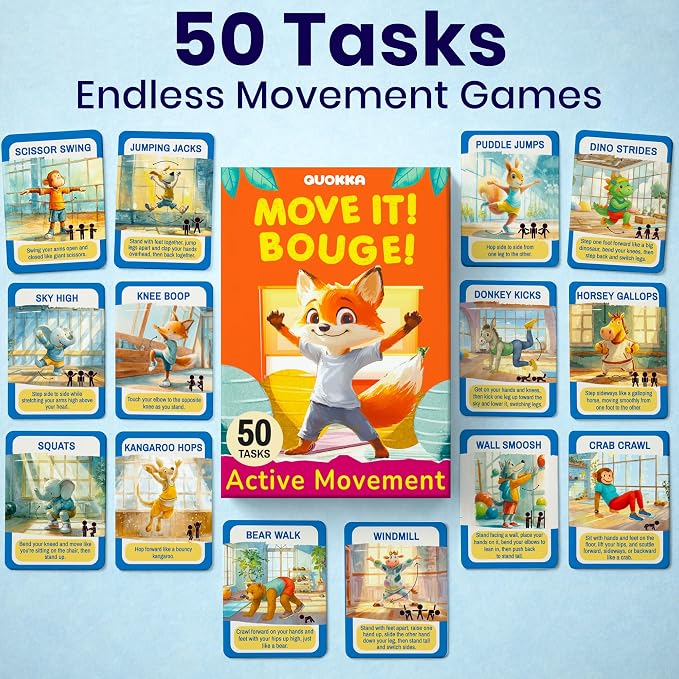 Active Movement Game for Kids Ages 6–8 - Educational Card Game | Animal-Themed Card Set with 50 Movement Tasks for Indoor and Outdoor Brain Breaks, Home and Classroom Activities