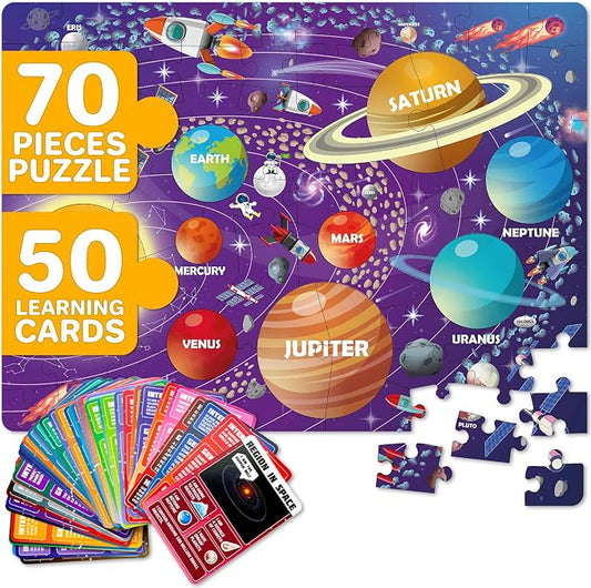 Puzzles for Kids Ages 4-6 - 70 Pcs Jigsaw Preschool Kids Puzzles Ages 5-8 | 70 Pcs Jigsaw Floor Solar System Puzzle - 50 Cards with 400+ Space Facts - Planet-Shaped Educational Gift for Girls and Boys
