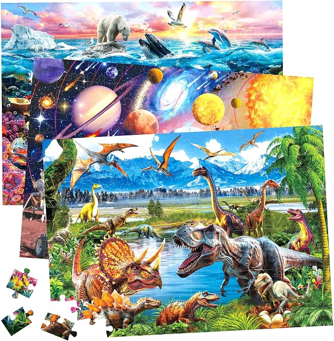 BenBen 3 Pack 100 Piece Puzzles for Kids Ages 4-6 6-8, Dinosaur Space Ocean | Large Pieces Jigsaw Puzzles for Toddlers 3-5, Screen-free Activity Learning & Educational Toys for Kids 8-10, 19.75” x 13.75”