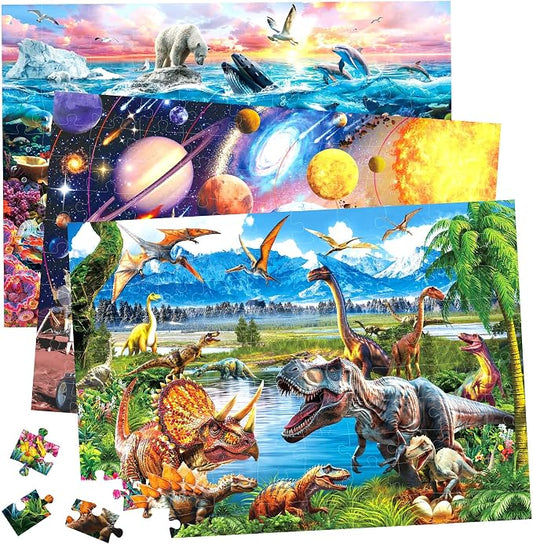 BenBen 3 Pack 100 Piece Puzzles for Kids Ages 4-6 6-8, Dinosaur Space Ocean | Large Pieces Jigsaw Puzzles for Toddlers 3-5, Screen-free Activity Learning & Educational Toys for Kids 8-10, 19.75” x 13.75”
