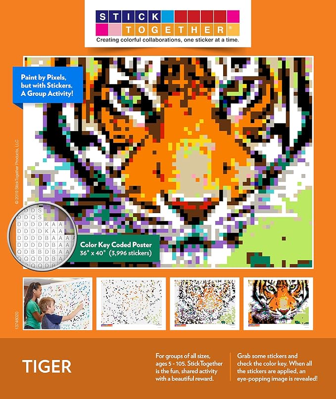 Huge Mosaic Puzzle Poster Kits | Group Project | No Mess Paint by Sticker | Stay at Home Activity | Classroom | One Sticker at a Time! | Large Tiger | Learning Fun | 40” X 36” Giant Poster