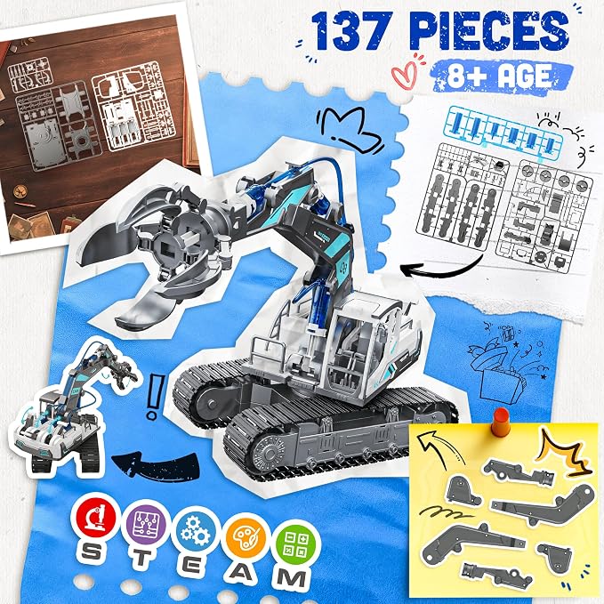 Hydraulic Grab STEM Building Toy, 130 Pcs Engineering Kit for Kids 8+ | DIY Construction Kit, Hydraulic Robot Arm, No Battery Required, Mechanical Learning, Assembly Toy, STEM Engineering Activity