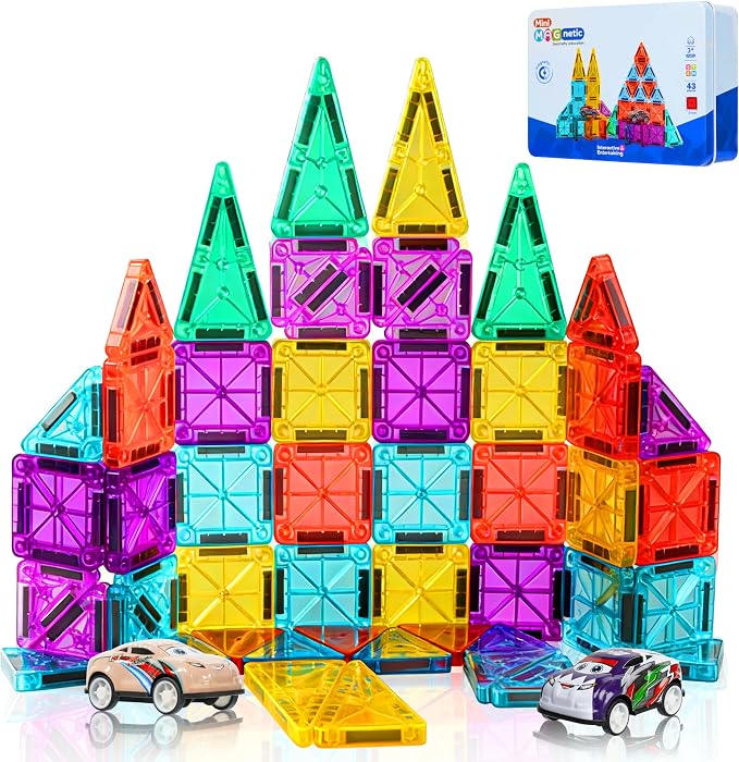 Mini Magnetic Tiles for Kids 43PCS Magnet Tiles Building Travel Toys for Toddlers Magnetiles with Case & Cars STEM Magnets Construction Tile Toy Set Ages 3-6 Boys Girls