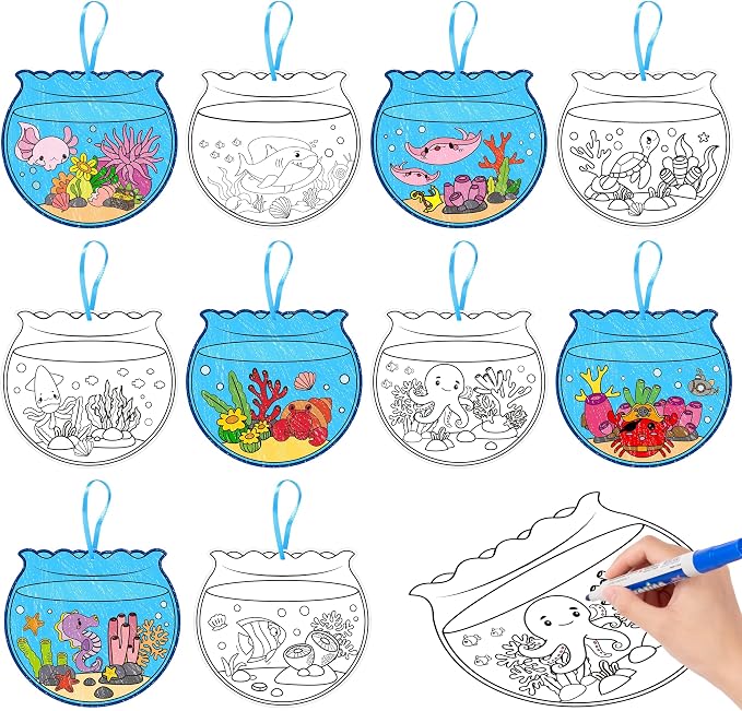 ANGOLIO Summer Fishbowl Craft Kits - 83Pcs DIY Coloring Sea Animal Ornament | Ocean Themed Paper Ornament Set, Ocean Fish Coloring Activities, Classroom Reward Party Favors, Hanging Décor For Kids Room