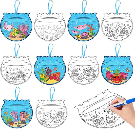 ANGOLIO Summer Fishbowl Craft Kits - 83Pcs DIY Coloring Sea Animal Ornament | Ocean Themed Paper Ornament Set, Ocean Fish Coloring Activities, Classroom Reward Party Favors, Hanging Décor For Kids Room