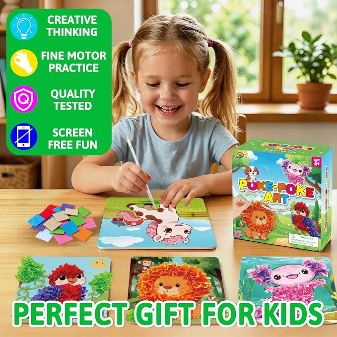 AGENTLAN Animal Poke Art Kit,Mess-Free Crafts for Kids Ages 3-8 | 6 poke in animal designs, 3D Art, no glue, no mess, screen-free activity, travel craft