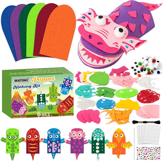 WATINC Hand Puppet Making Kit, Felt Sock Puppet Toys for Kids (Dinosaurs B) | 6 Styles, Make Your Own Storytelling & Role Play Crafts, Creative Group Activity, Party Favors & Gifts for Kids Ages 4-8