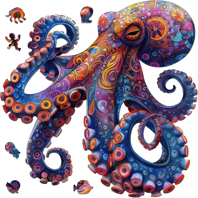 Mys Aurora Octopus Puzzles for Adults 500 Pieces Wooden Jigsaw Puzzles | 5MM Thick Unique Shape Puzzle Ocean Wood Puzzles for Adults and Kids Birthday Gifts Family Game 17 * 17inch