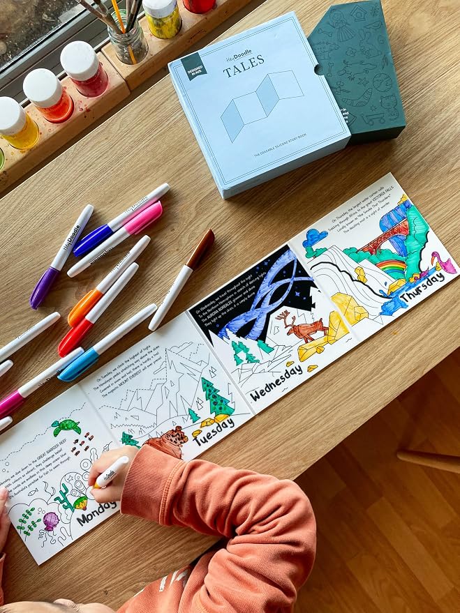 Natural Wonders Tales Foldout Book – Reusable Silicone Coloring Book for Toddlers and Kids Ages 3-7 – Educational Nature Activity Pad with 12 Markers – Mess-Free Travel Toy