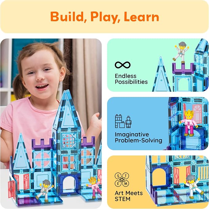 PicassoTiles 72 Piece Magnetic Building Tiles Castle Winter Ice Theme Construction Magnet Block Set with Princess Prince Character Stairs Windows Doors STEM Learning Educational Toy Kids Ages 3+ PT72