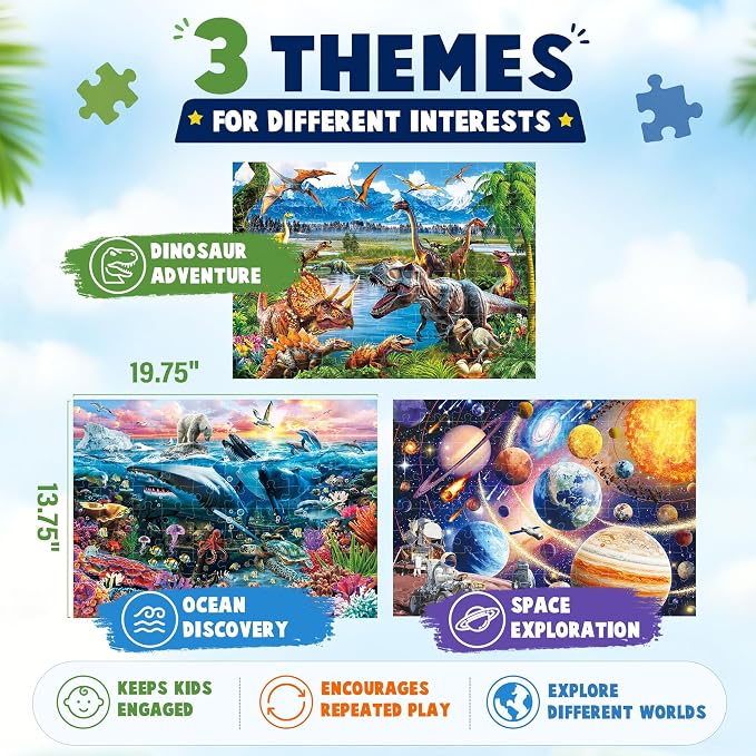 BenBen 3 Pack 100 Piece Puzzles for Kids Ages 4-6 6-8, Dinosaur Space Ocean | Large Pieces Jigsaw Puzzles for Toddlers 3-5, Screen-free Activity Learning & Educational Toys for Kids 8-10, 19.75” x 13.75”