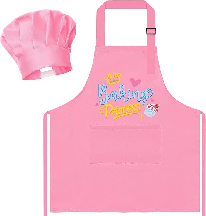 R HORSE 2 Pieces Kid Apron and Chef Hat Set, Dress up Role Play Chef Toy | Pink Baking Princess Adjustable Children Kitchen Apron for Girl, Ideal for Cooking, Baking, Painting, Cooking Birthday Gift