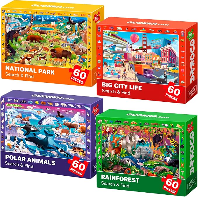Jigsaw Puzzles for Kids Ages 4-6 - 4 x 60 Piece Kids Puzzles Ages 5-8 | Search and Find Puzzles for Kids Ages 6-8 - Toddlers Puzzles Ages 3-5 Year Old - Forest, Polar, Usa Park and City Animal