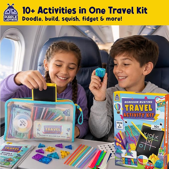 Road Trip Essentials for Kids Kit with 10+ Screen Free Activities | Roadtrip, Car Ride and Airplane Activities, Sensory Toys, Travel Games, Crafts, Fidgets, For Boys and Girls
