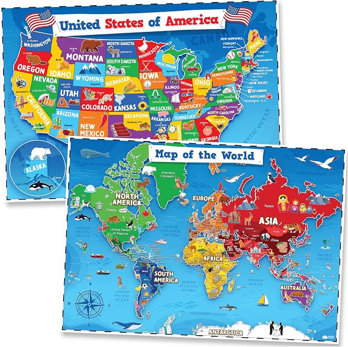 United States and World Map For Kids Classroom Posters 2pc Set - 24” x 16” Waterproof US and World Map for Classroom Decor Posters - Teacher Classroom Must Haves - Homeschool Back to School Supplies