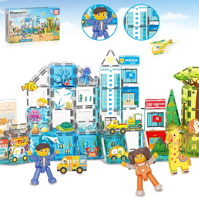 PicassoTiles Magnet Tiles Building Blocks 3-in-1 Aquarium Safari Animal & Metro Theme Playset with 24 Character Action Figures Magnetic STEM Learning Toys Construction Set Toddler kids Ages 3+ PTQ1245