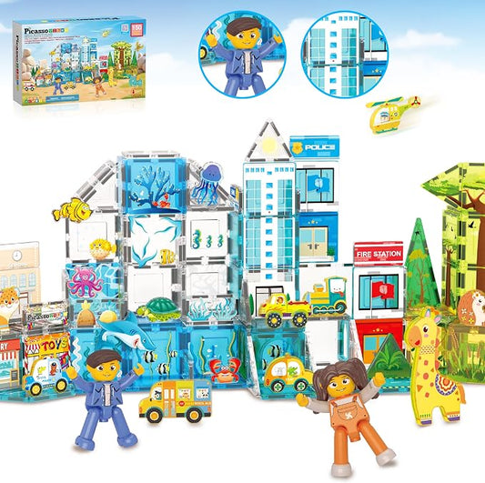 PicassoTiles Magnet Tiles Building Blocks 3-in-1 Aquarium Safari Animal & Metro Theme Playset with 24 Character Action Figures Magnetic STEM Learning Toys Construction Set Toddler kids Ages 3+ PTQ1245