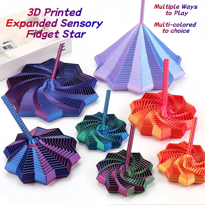 3D Printed Expanded Sensory Fidget Star - 2025 Sensory Fidget Star with Handle, Multi-Colored Whirling Spiral 3D Fidget Toy, Multiple Ways to Play for Adult Relieving Stress (Laser Red,4.3in)