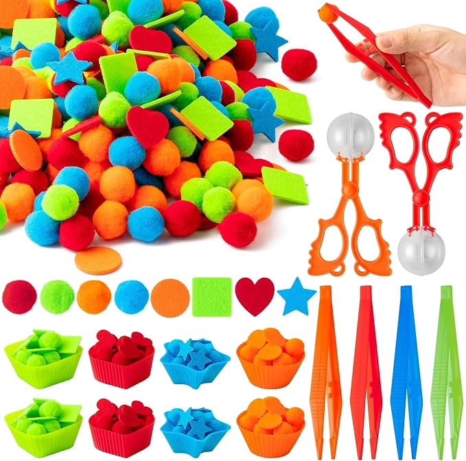 EZdhuawuse Shape Sensory Bin Fillers - 295P Summer Shape Fine Motor Skills Toys Counting Sorting Set for Kids Early Education, Felt Decor Pom Poms Cup Clip for Preschool Counting Sorting Birthday Gift