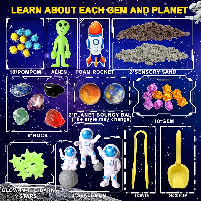 Carolart Galaxy Sensory Bin with Sensory Sand, Gem Dig Kit for Kids | Space sensory kit with alien, STEM toys science kit with real gemstones, gift for boys ages 3-8