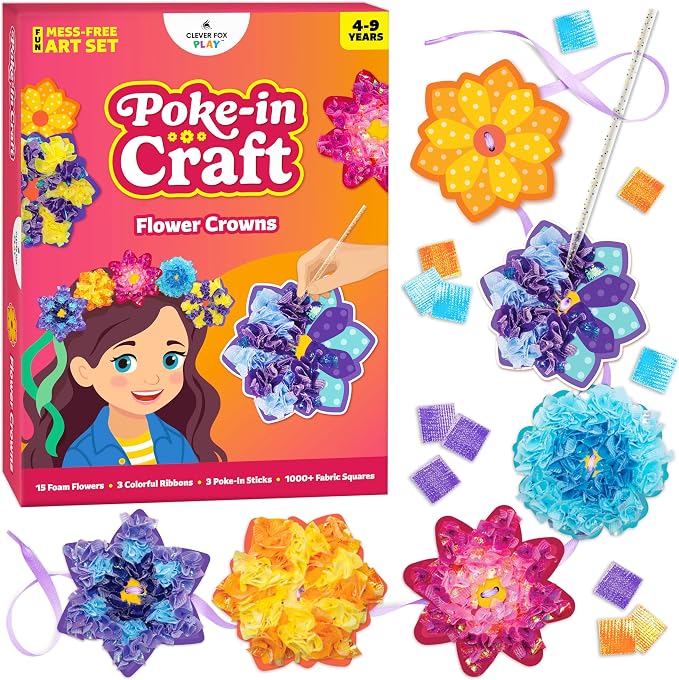 Poke-In Craft Flower Crowns, Poke Art for Kids Ages 4-8, Punch Tufting Kit | 15 foam flowers, 1000+ 3d fabric squares, non-messy beginner kit for girls, preschool learning activity, spring easter gift