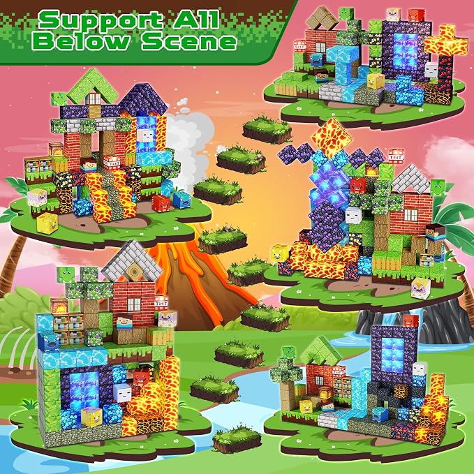 Magnetic Blocks - 150 PCS Dinosaur Volcano Forest Castle Set with Light Up Blocks - Kids Classroom Sensory Toy for Toddlers STEM, Construction Stacking Toy Kids 3+ Boys Easter Basket Stuffers