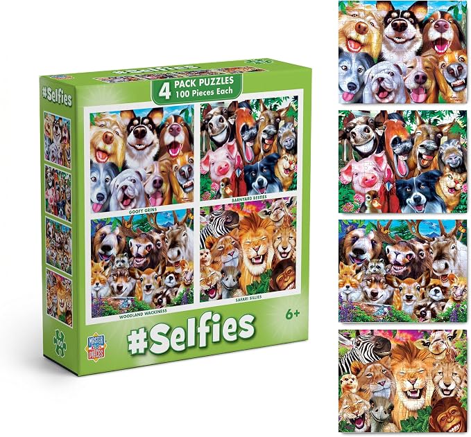 MasterPieces – Jigsaw Puzzle Set for Kids 6+ Years, 4-Pack of 100 Pieces, Educational and Fun Game, Silly Animals Collection, Gift Idea for Children, 8" x 10" | 4 pack 100 piece puzzles for kids ages 6+ with silly animal art, thick pieces, matte finish...