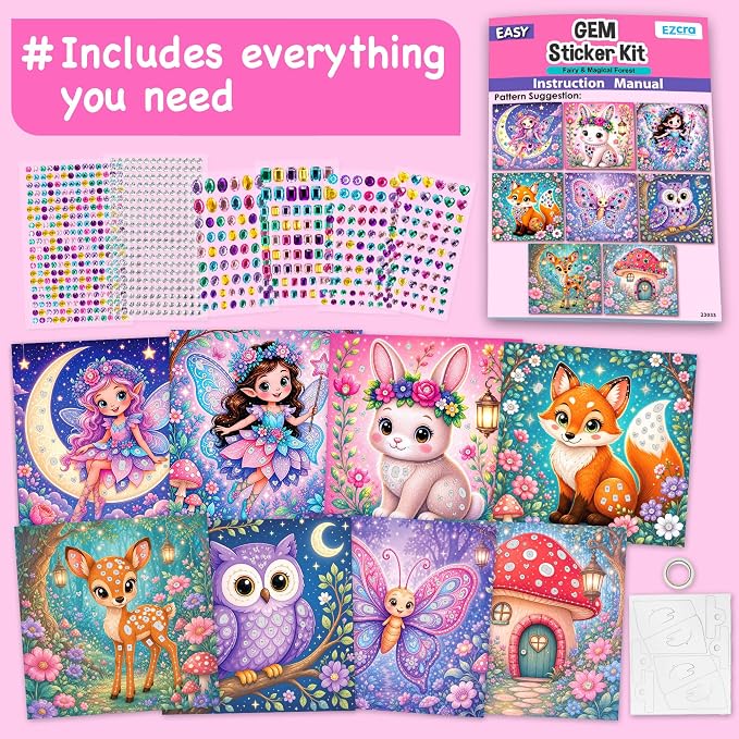 EZCRA Gem Sticker Kit for Kids - 800 Stickers, 8 Fairy Forest Theme | Diamond Art Stickers and Gem Craft Set. Mess-Free and DIY Arts and Crafts. Birthday and Holiday Gift for Girls Ages 3-8.