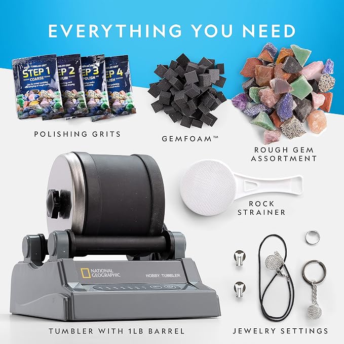 National Geographic Hobby Rock Tumbler Kit for Kids and Adult Beginners | Leak-Proof Barrel, 7-Day Timer, Rough Gemstones, 4-Stage Grit, GemFoam Polish, Jewelry Settings, Geology Hobby