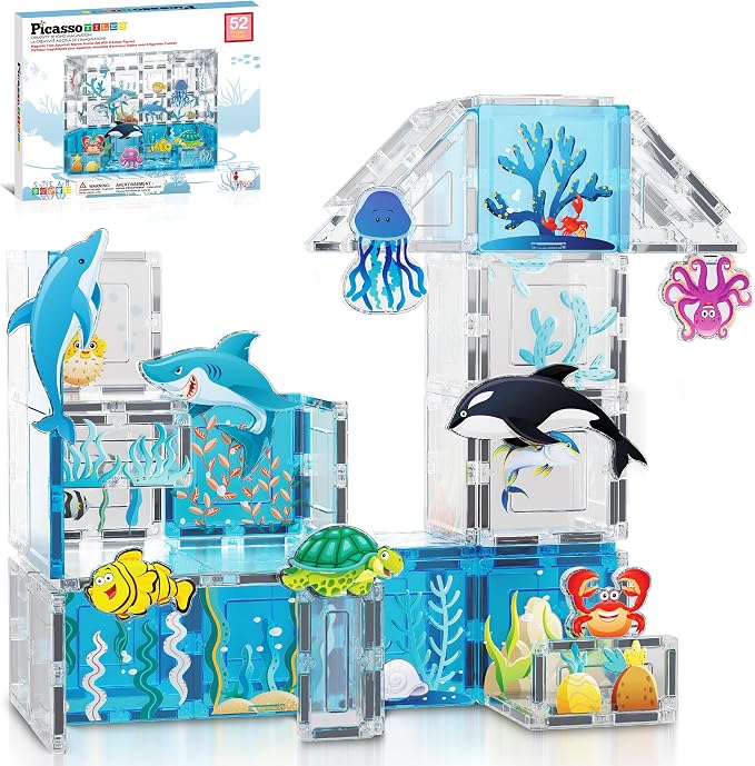 PicassoTiles 52 PCS Magnetic Tiles Ocean Animal STEM Set 8 Figures Ages 3+ | 44 blocks, 22 aquatic prints, BPA-free & non-toxic plastic, strong hold, roleplay, sensory discovery, motor skills