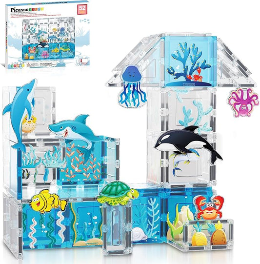 PicassoTiles 52 PCS Magnetic Tiles Ocean Animal STEM Set 8 Figures Ages 3+ | 44 blocks, 22 aquatic prints, BPA-free & non-toxic plastic, strong hold, roleplay, sensory discovery, motor skills