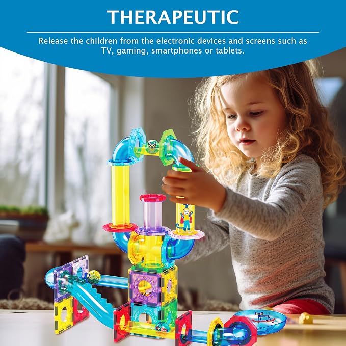 PicassoTiles 62pcs Magnetic Tile Pete the Cat Magnetic Marble Run Toy Set with Race Track Tubes Marbles and Stickers STEM Educational Construction Building Blocks for Kids Boys Girls Ages 3 Up PTG03