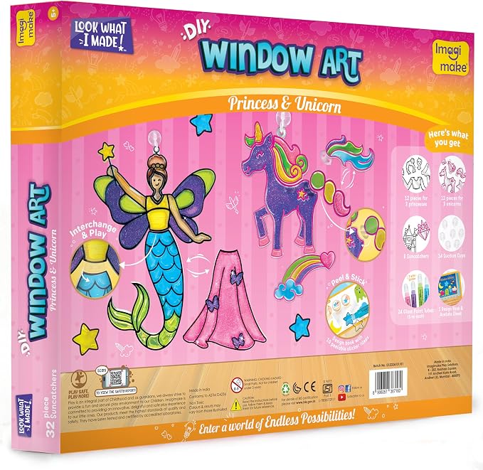 Imagimake Window Art - Princess & Unicorn, DIY Mess-Free Suncatcher Kit | Stained Glass Painting Craft Activity for Kids, Birthday Gift for Girls Ages 5,6,7,8,9,10,12 Years Old