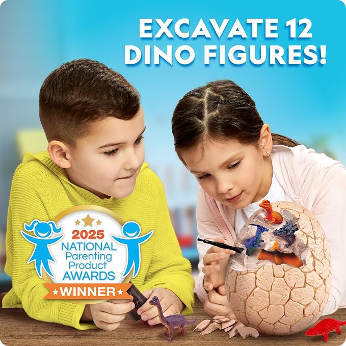 National Geographic Jumbo Dinosaur Egg Dig Kit with 12 Dino Figures | Giant 6-Inch Egg, 12 Dinosaur Figures, Replica T. Rex Tooth, Excavation Tools, Dino Dig Activity, Birthday Gift