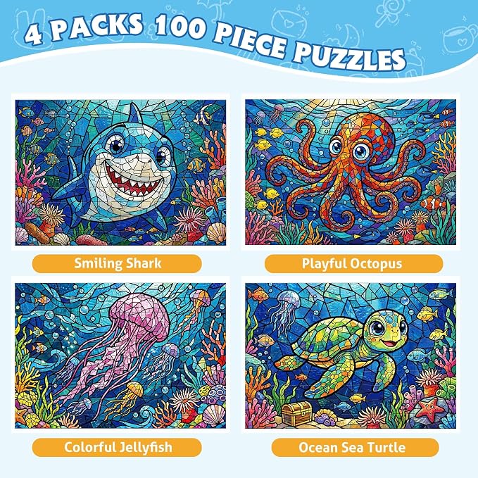 4-Pack 100 Piece Puzzles for Kids Ages 4-8 6-8 8-10, Shark Turtle Kids Puzzles Ages 4-6 5-8 8-10, Octopus Jellyfish Stained Glass Ocean Animal Puzzle 100 Pieces, Kids Jigsaw Puzzles Toys Gifts 15"x10"