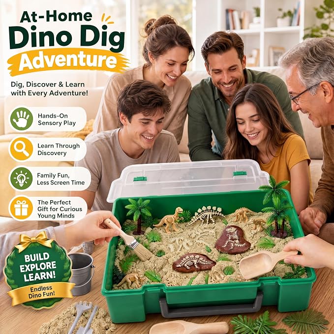 Jenaai Dinosaur Sensory Bin Dinosaur Excavation Archaeology Dig Kit Dino Skeletons Bones Puzzle Game Sandbox Storage with Lid Sand for DIY Making Kit Decoration Gifts Pretend Learning Construction