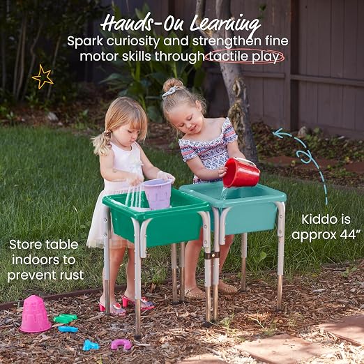 ECR4Kids 2-Station Sand and Water Adjustable Play Table, Sensory Bins, Seafoam/Emerald | Durable plastic/steel, GREENGUARD Gold Certified, 3-5 years, 80 lb capacity, adjustable legs, easy-lift lids, indoor/outdoor